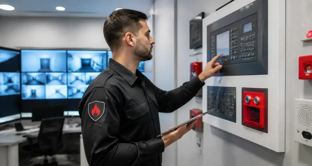 Agent de sécurité incendie devant le tableau de report d'alarme d'un poste central de sécurité