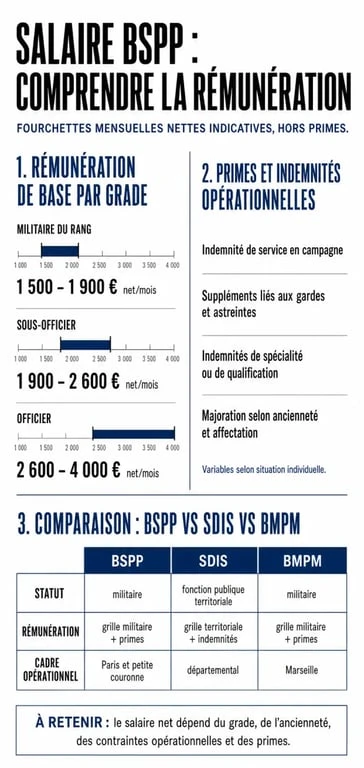 Infographie sur le salaire BSPP avec fourchettes par grade, primes et comparaison BSPP vs SDIS vs BMPM