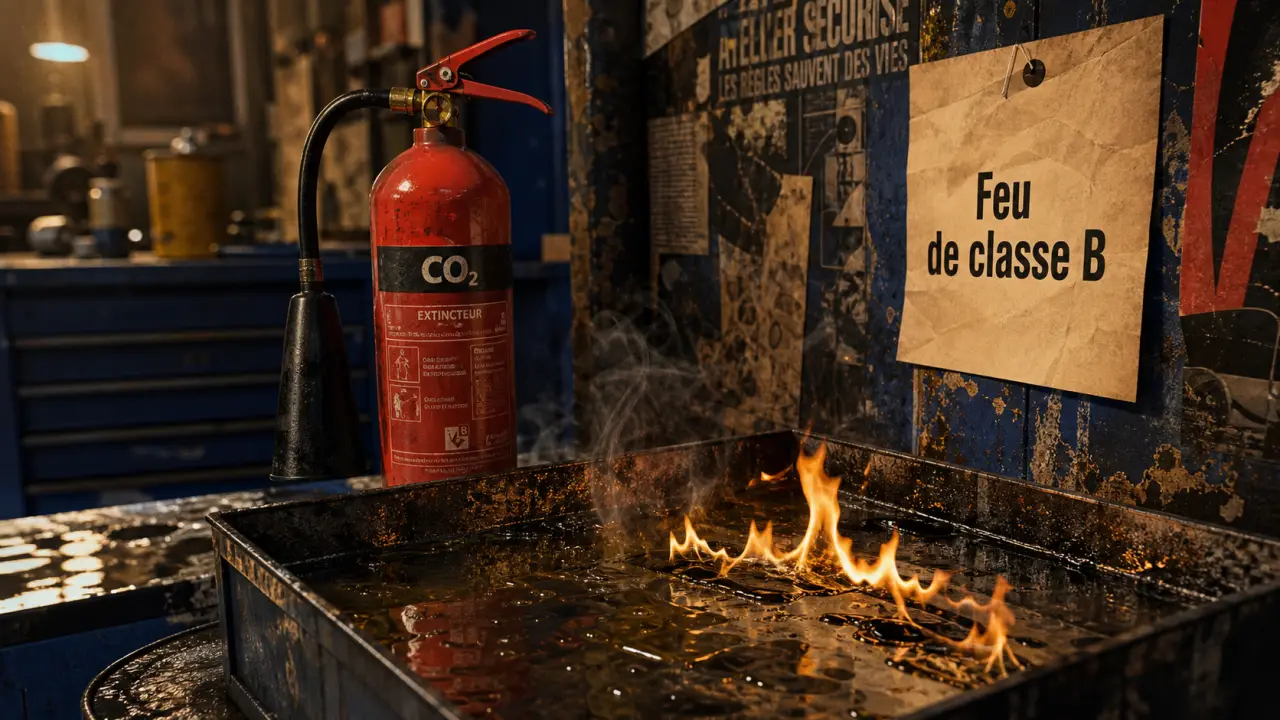 Feu de classe b : extincteur CO2 près de liquide inflammable