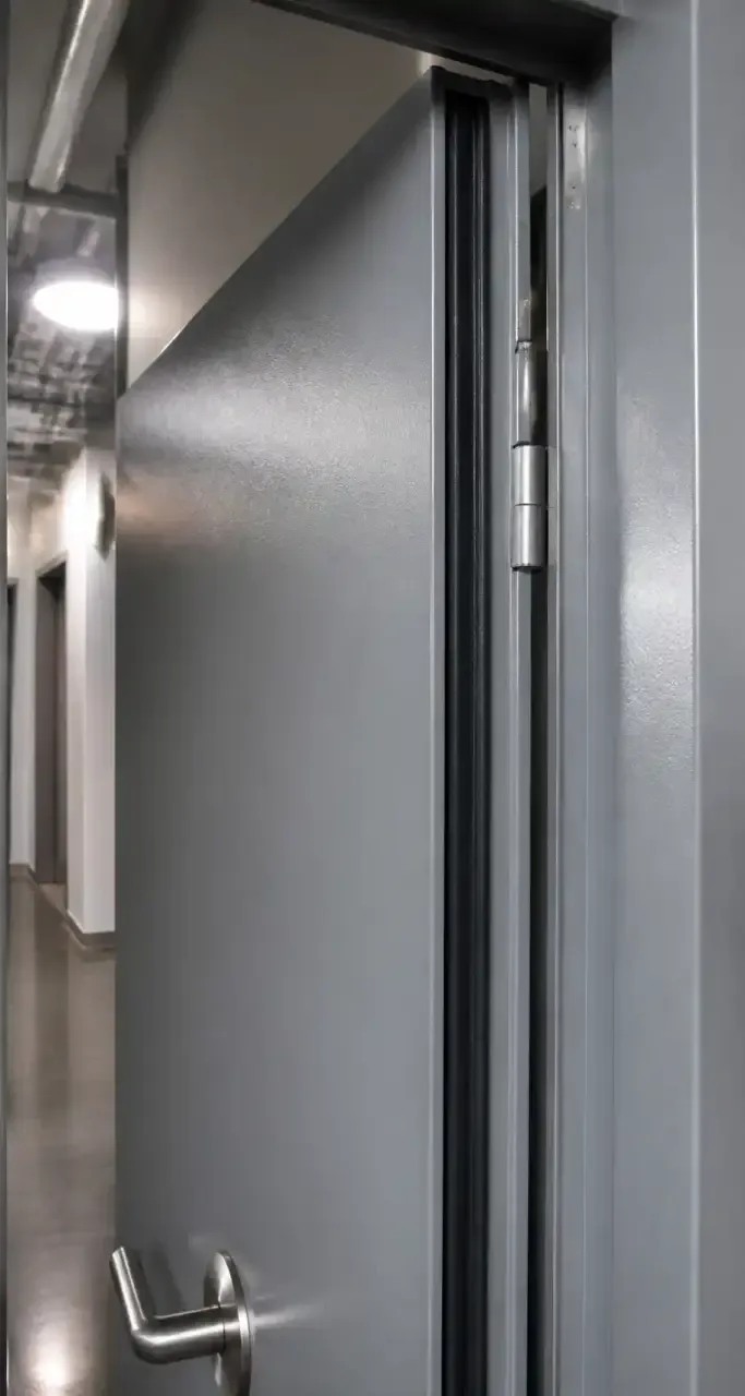 Porte coupe-feu métallique et son joint intumescent vus depuis l'huisserie