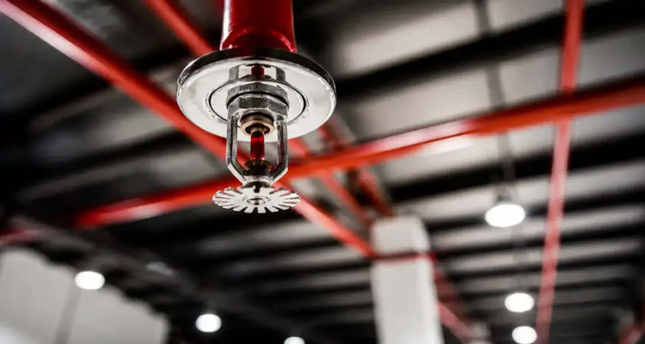 Têtes de sprinkler sous le plafond métallique d'un entrepôt logistique