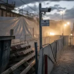 Vidéosurveillance chantier : caméra sur mât près du portail d’accès