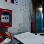 Boitier alarme incendie avec déclencheur manuel rouge sur mur béton