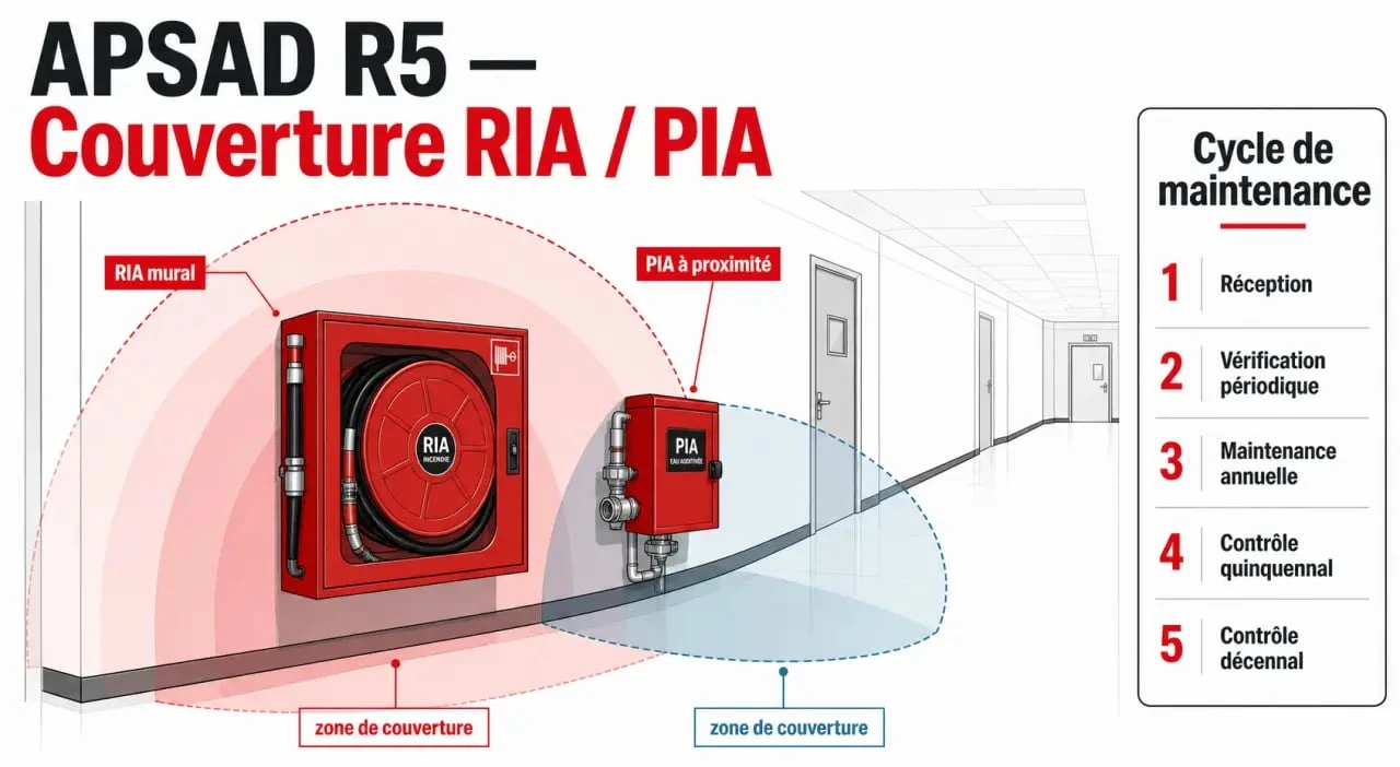 APSAD R5 : schéma simplifié d’une installation RIA et PIA avec maintenance