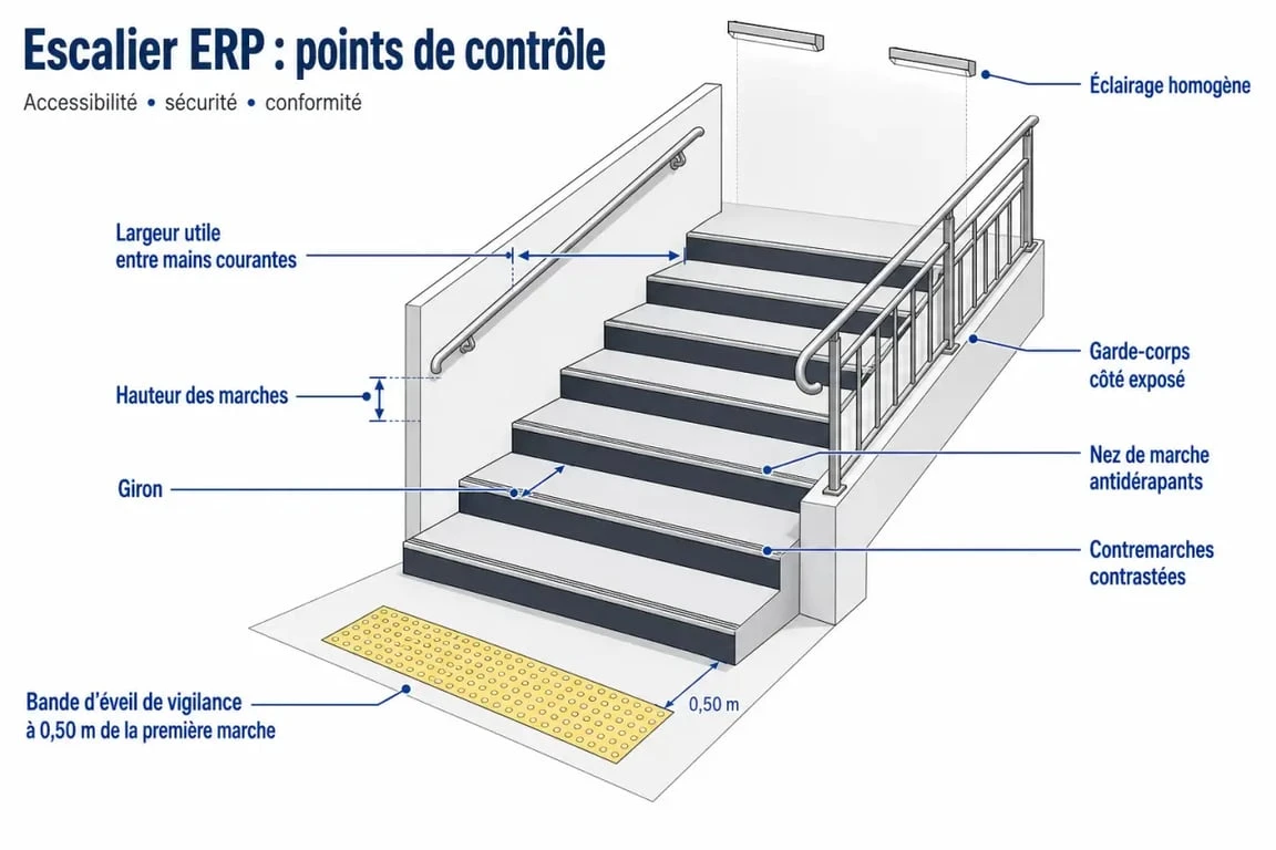 Schéma d'escalier norme ERP avec largeur utile, mains courantes, nez de marche et bande d'éveil de vigilance