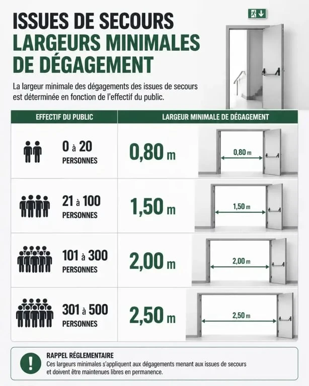 Tableau des largeurs minimales pour une porte issue de secours selon l'effectif