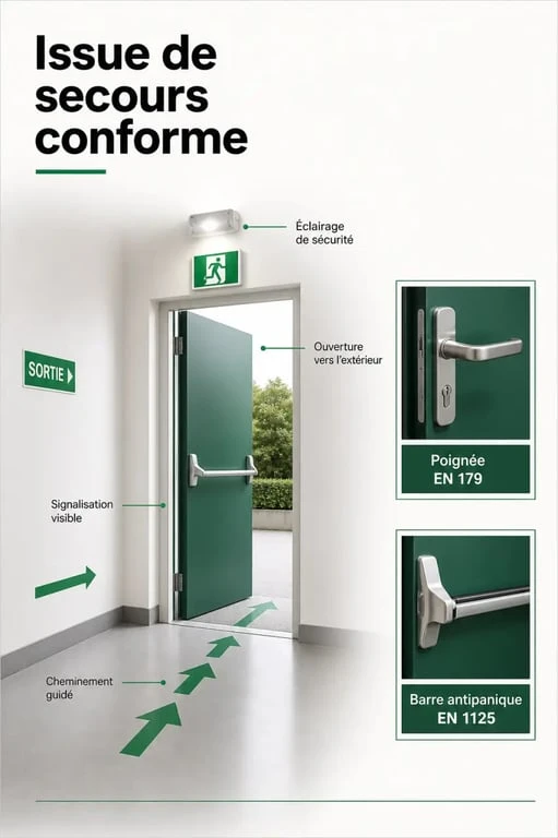 Issues de secours : schéma visuel d'une porte conforme avec signalisation, éclairage et dispositifs d'ouverture