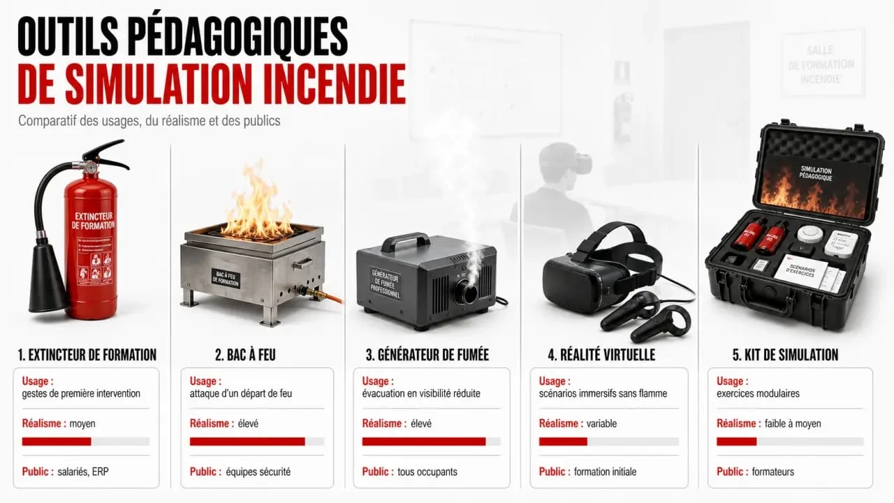 Outils pédagogiques simulation incendie : tableau comparatif des familles d’équipements, de leurs usages et de leur niveau de réalisme