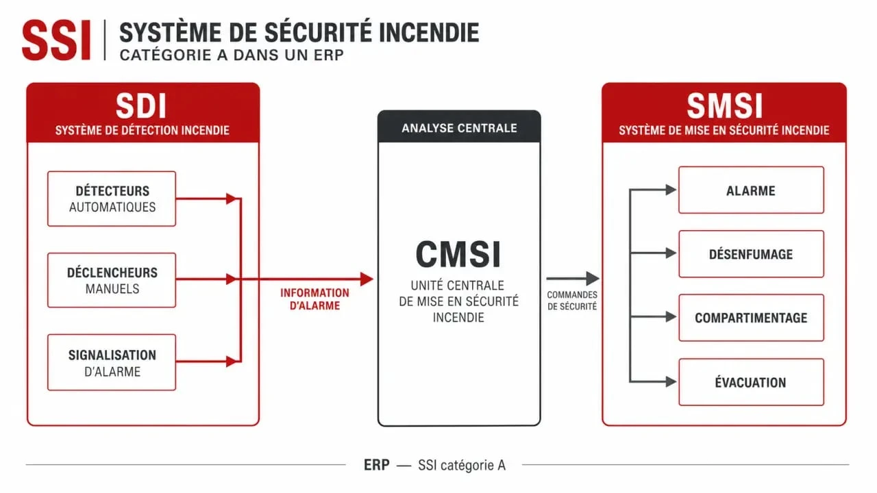 Schéma SSI catégorie A avec SDI, SMSI et flux de mise en sécurité