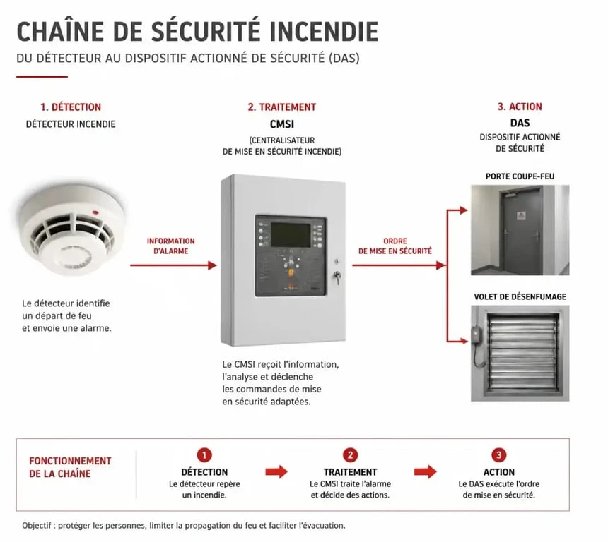 Schéma de fonctionnement d'un DAS incendie dans un système de sécurité