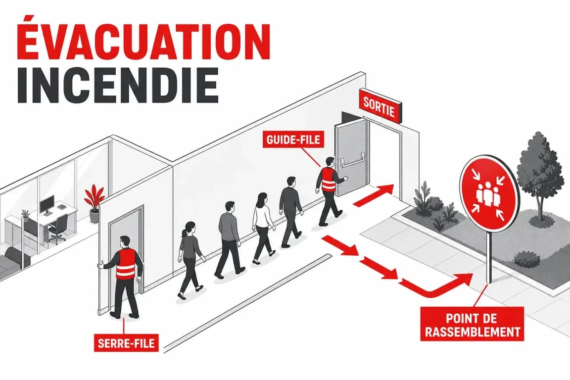 Serre file incendie pendant une évacuation dans un bâtiment de bureaux