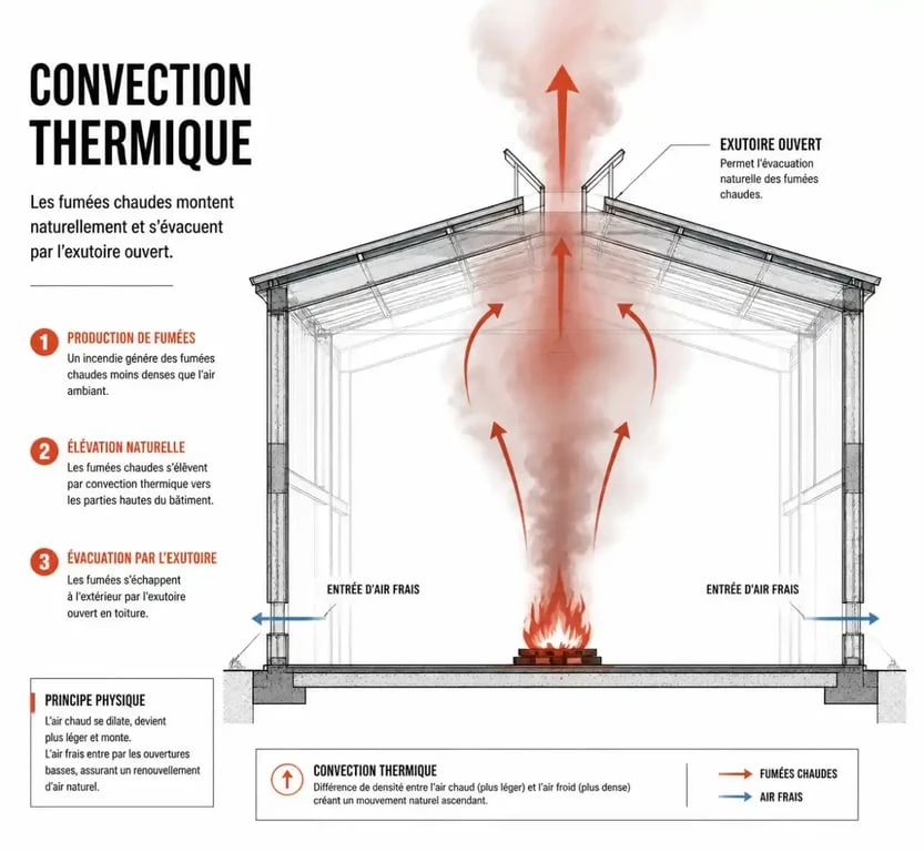 Schéma de fonctionnement d'un exutoire de fumée par convection thermique