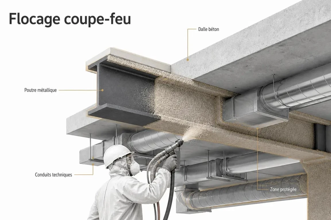 Flocage coupe feu appliqué sur une poutre métallique et des conduits dans un local technique