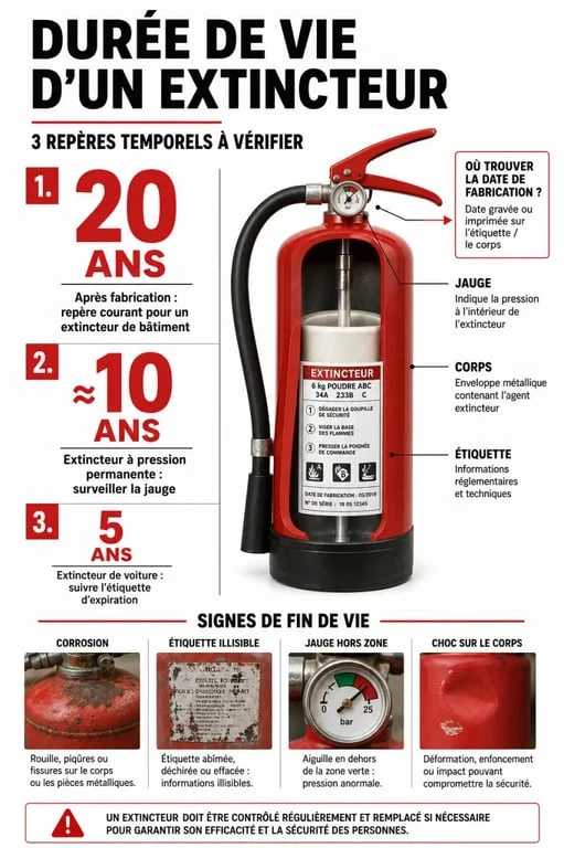Infographie durée de vie extincteur : repères 20 ans, 10 ans et 5 ans, date de fabrication et signes de fin de vie