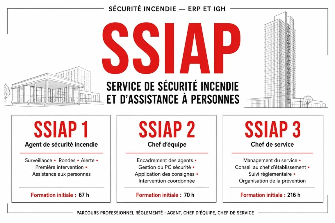 Signification SSIAP : synthèse visuelle des niveaux SSIAP 1, SSIAP 2 et SSIAP 3, missions, formation et contexte ERP/IGH
