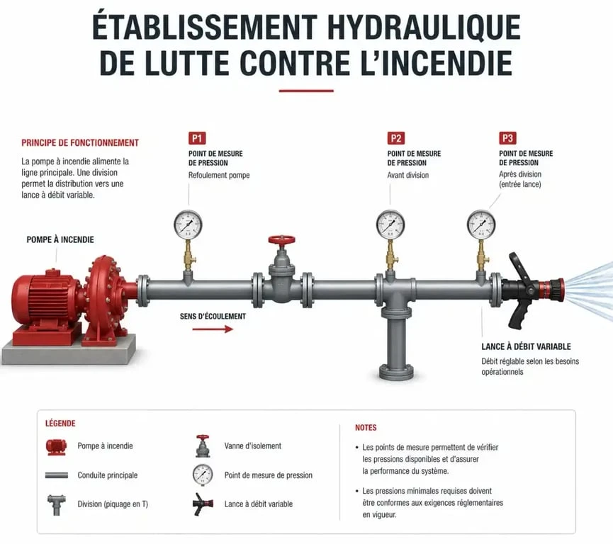 Schéma d'un établissement hydraulique pour le calcul des pertes de charge pompiers