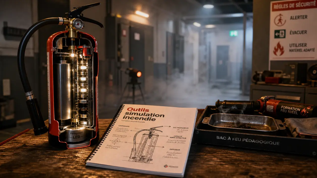 Outils pédagogiques simulation incendie : extincteur LED et bac à feu