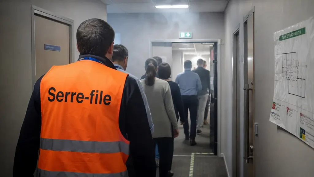 Serre-file incendie : fermer la marche, vérifier les locaux, signaler les absents