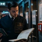 Signification SSIAP : agent en uniforme contrôle sécurité incendie, portes coupe-feu et plan d’évacuation