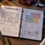 Coordination système sécurité incendie : plans SSI, schéma zones et centrale incendie.