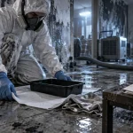 Décontamination après incendie : technicien traite suies et odeurs sur sol