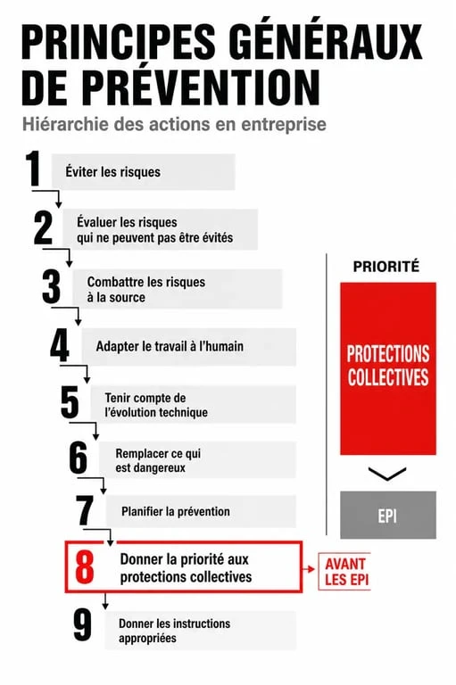Principes généraux de prévention : schéma hiérarchique des 9 principes et des priorités de prévention en entreprise