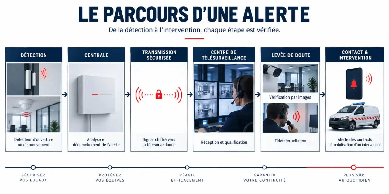 Schéma du parcours d’une alerte lors d’une installation alarme entreprise