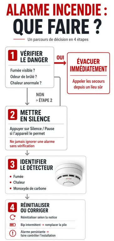 Comment arrêter une alarme incendie : schéma de décision entre vrai feu et fausse alerte