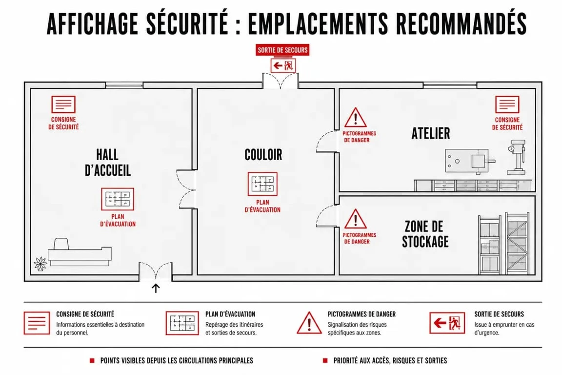 Consigne de sécurité affichée dans un établissement, avec zones de pose recommandées