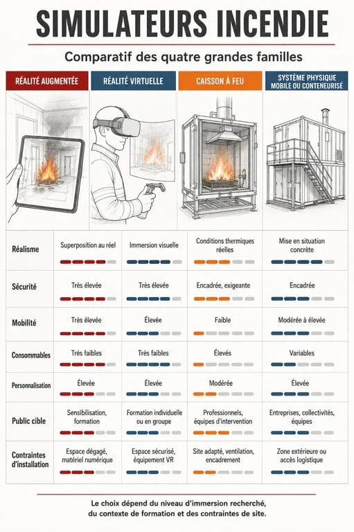 Comparatif des technologies de simulateur incendie en réalité augmentée, réalité virtuelle, caisson à feu et système physique