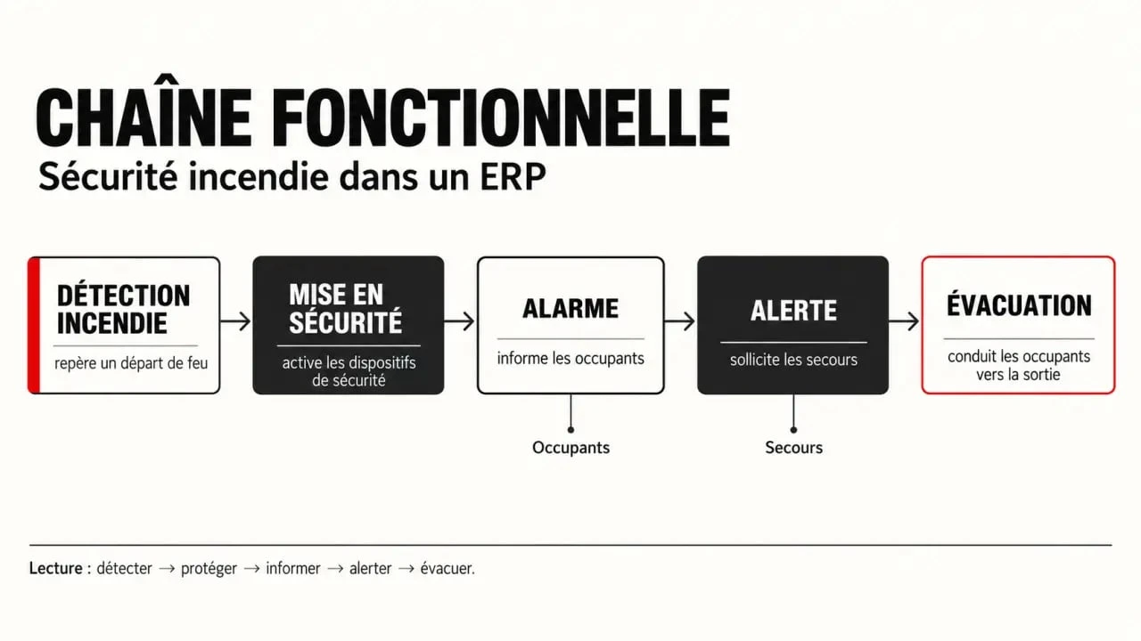Site sécurité ERP : schéma des fonctions de détection, mise en sécurité, alarme, alerte et évacuation