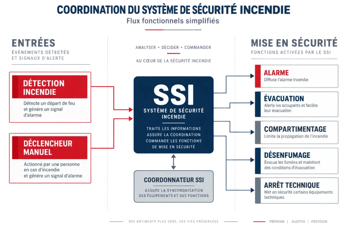 Schéma de coordination système sécurité incendie entre détection, SSI et fonctions de mise en sécurité
