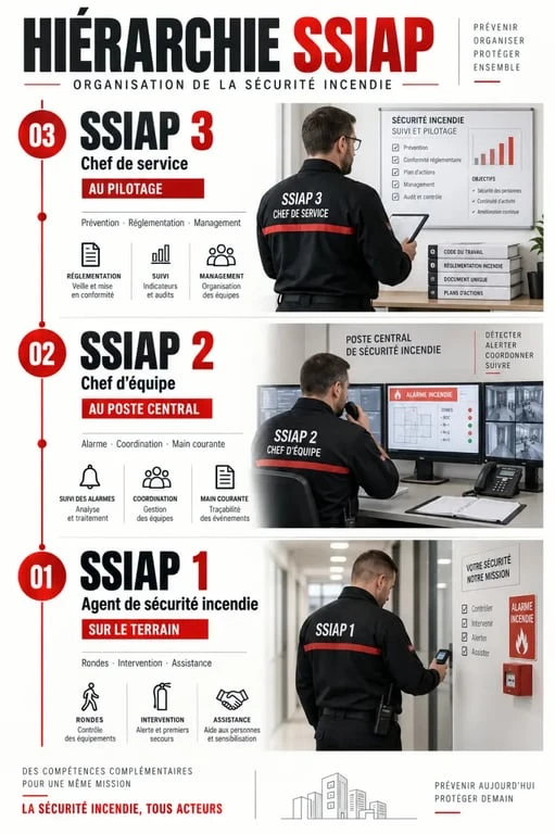 Infographie SSIAP signification et différences entre SSIAP 1, SSIAP 2 et SSIAP 3