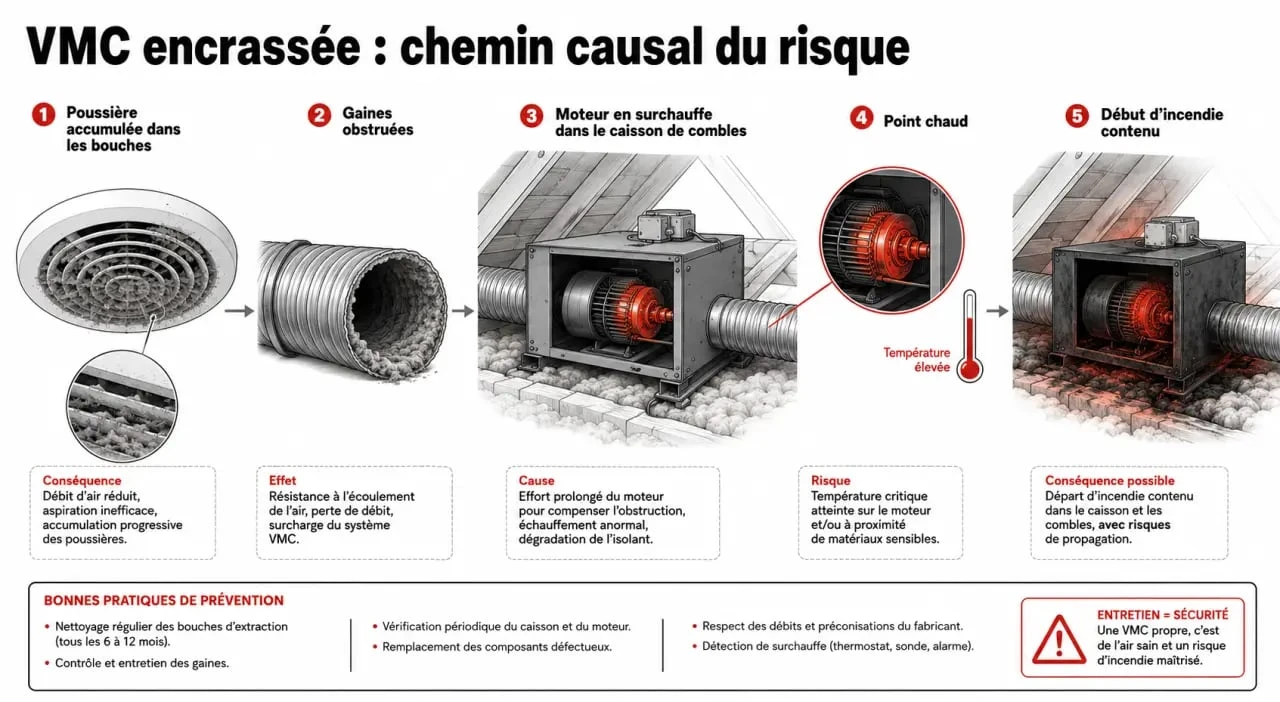 Incendie VMC : schéma du risque de surchauffe d’une VMC encrassée