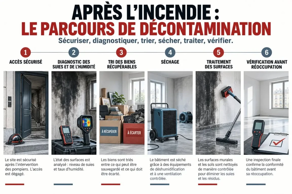 Étapes de décontamination après incendie avant la réoccupation des lieux