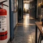 Extincteur en entreprise 6 L face au couloir et porte coupe-feu
