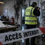 Incendie local professionnel : ruban accès interdit, tableau électrique après sinistre