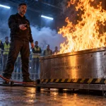 Matériel de simulation pour exercice incendie : formateur avec télécommande face à un générateur de flammes
