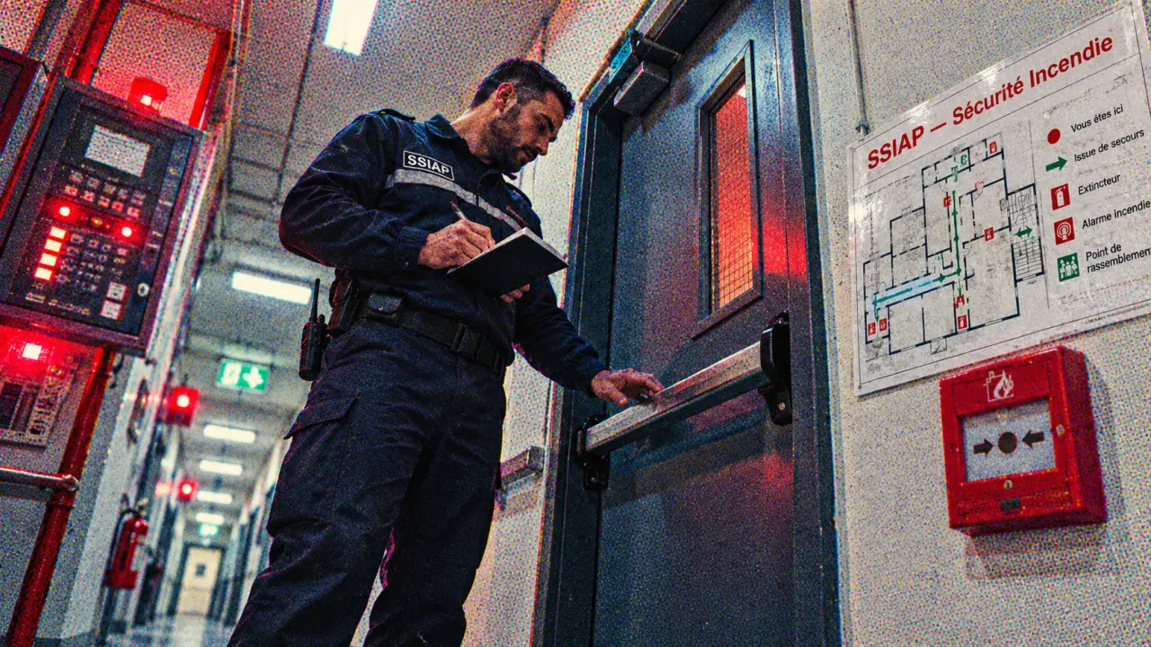 Agent de sécurité ssiap vérifie une porte coupe-feu en ERP