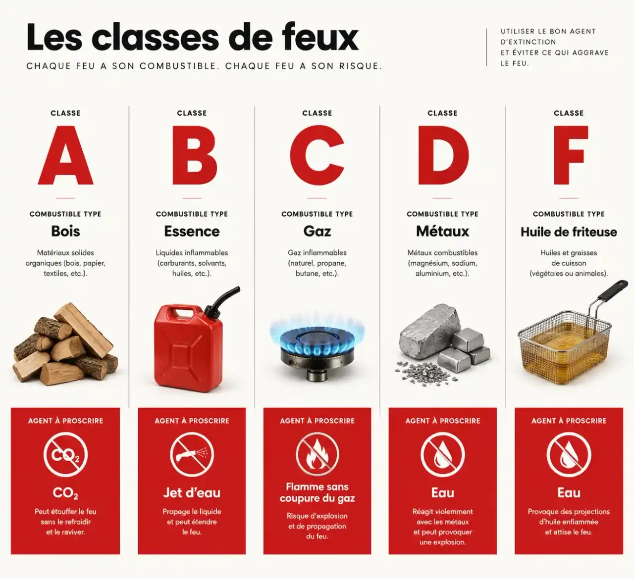Les types de feux : classes A, B, C, D et F, combustibles et agents à proscrire