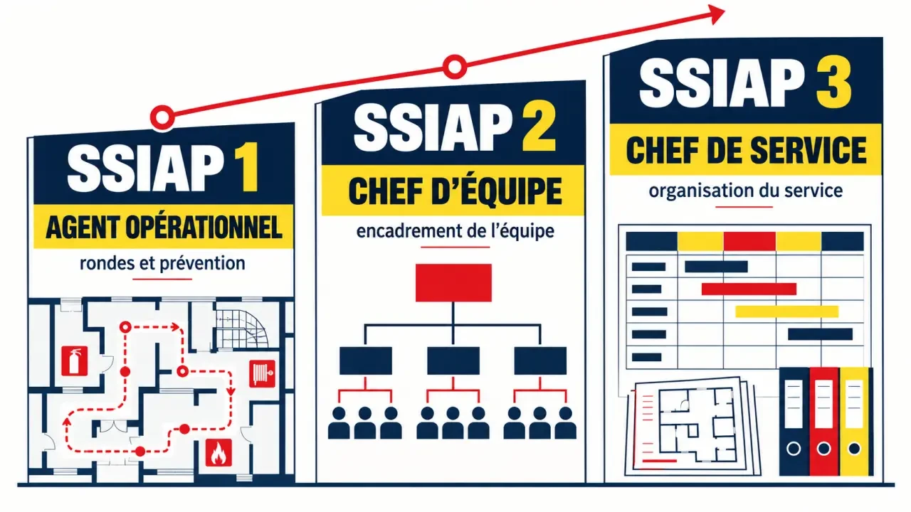 Infographie comparative des niveaux d’un agent de sécurité SSIAP 1, SSIAP 2 et SSIAP 3