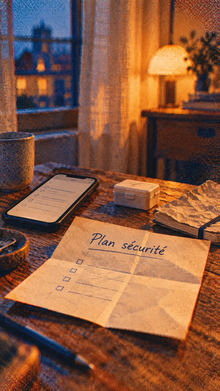 Plan de securite : feuille manuscrite sur table
