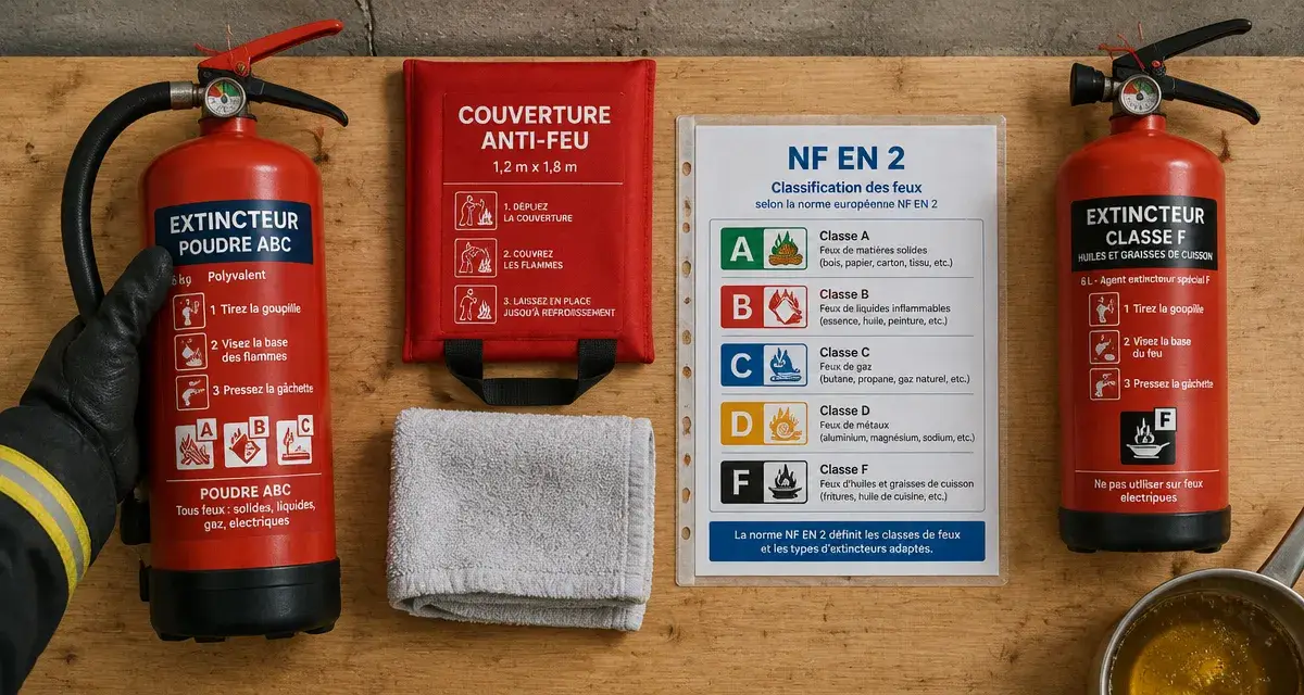 Type de feux : eau et extincteur ABC contre incendies, classe F et huile
